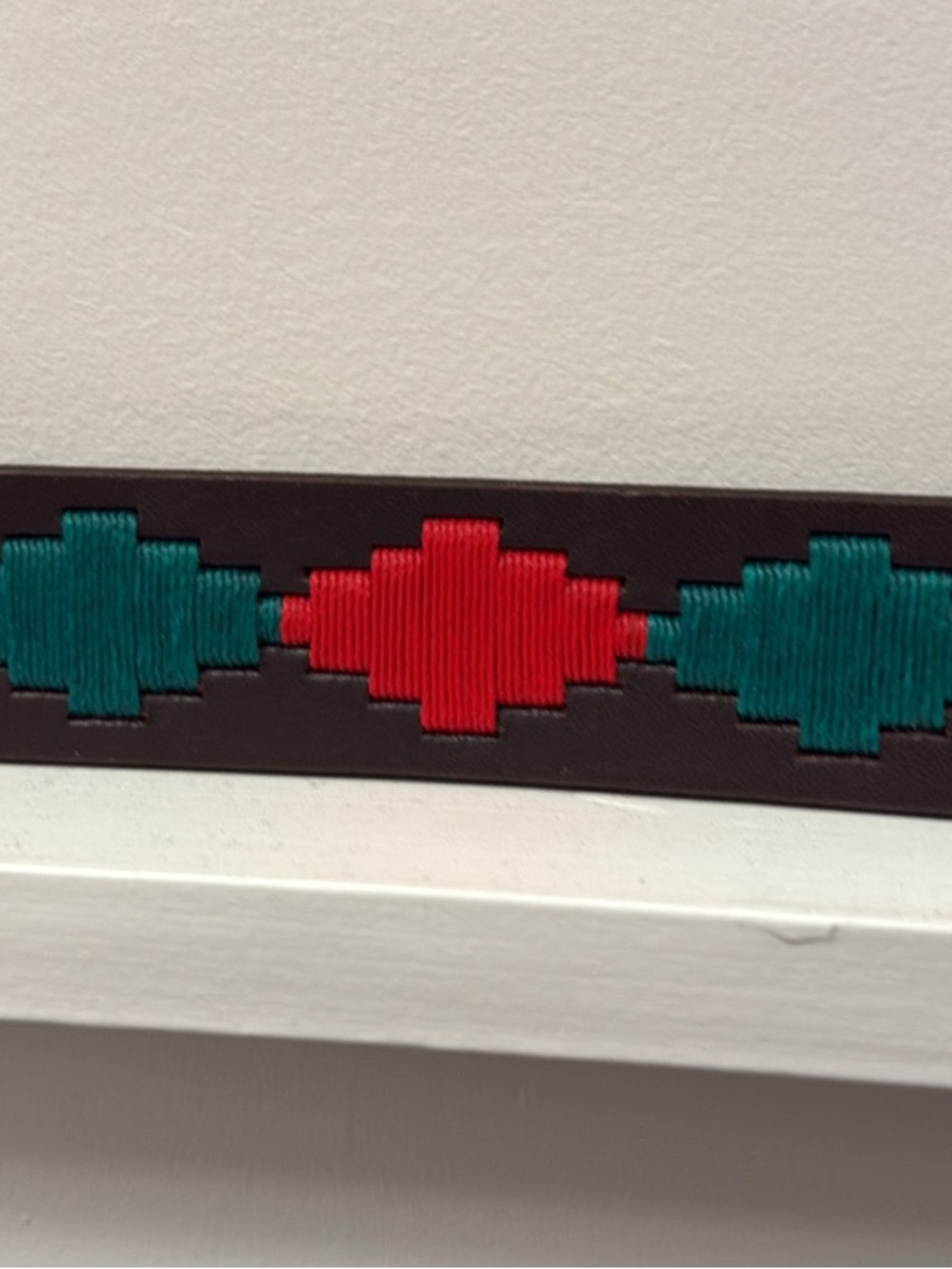 Men's polo Leather Belt with Red & Teal Diamond hand Stitching LA MATERA
